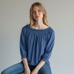 DO + BE - CHAMBRAY OFF THE SHOULDER TOP - DARK WASH - TENCEL/COTTON BLEND B19‎